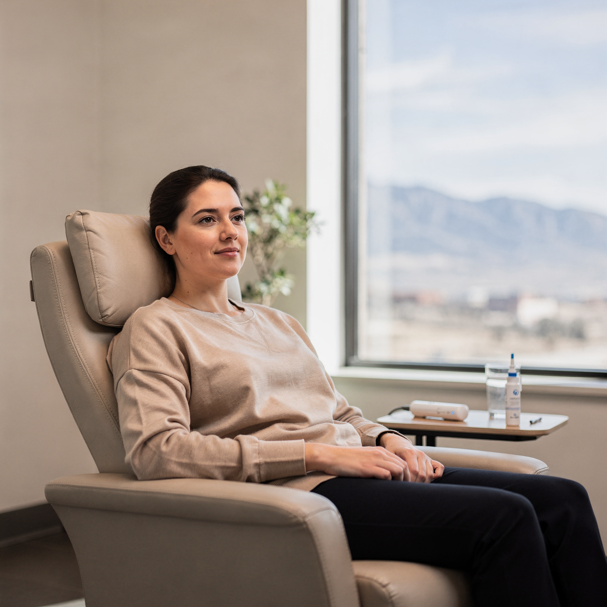 Patient seated in a comfortable reclining chair during a Spravato treatment session, with a mountain view visible through the window